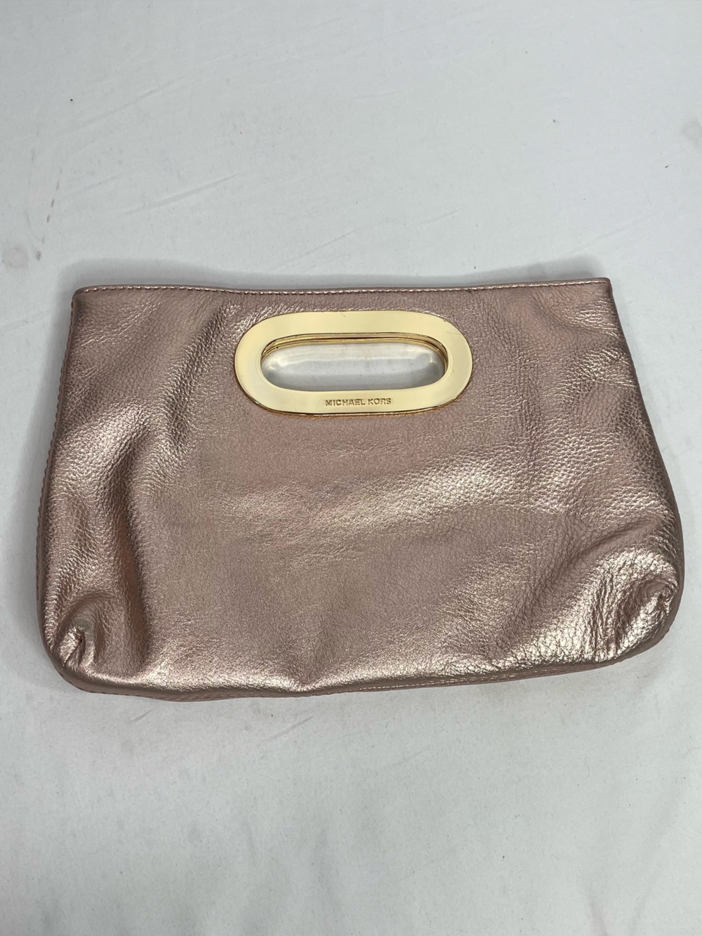 Michael Kors Berkley Metallic Rose Gold Leather Cutout Handle Clutch